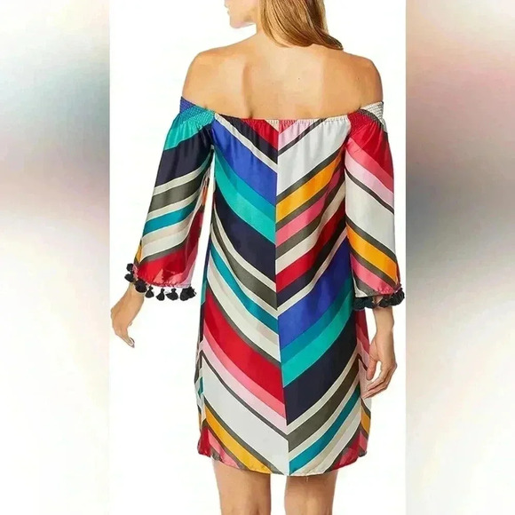 Trina Turk Amaris Off Shoulder Chevron 3/4 Bell Sleeve Shift Dress Colorful M - Picture 4 of 13